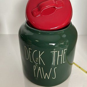 NIB RAE DUNN DECK THE PAWS CANISTER Green / Red HOLIDAY CHRISTMAS Treat Jar New